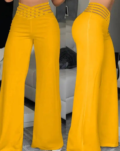 Fashion Office Ladies Trousers Elegant Crisscross Sheer Mesh Patch Casual High Waist Flared Pants for Women Clothes 2023 Summer