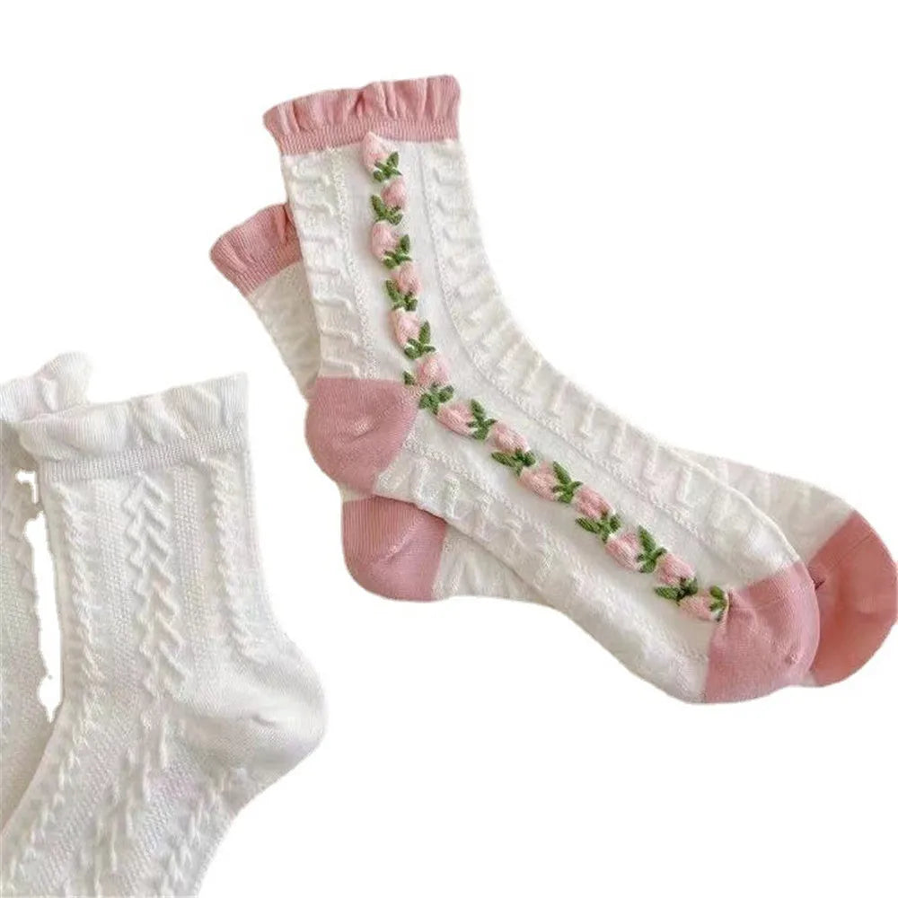 5 Pairs Women White Pink Floral Pattern Socks Cute Sweet Versatile Fashionable Socks Comfortable Breathable Mid Length Socks ﻿