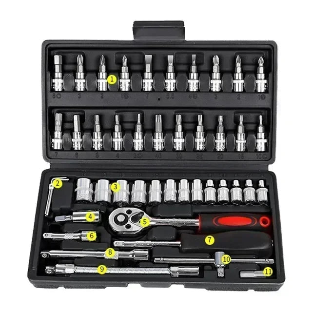 46Pcs Multi-Purpose Tool Kit Set - Comprehensive Hand Tools Kit with Wrench Socket and Precision Screwdriver - Portable Amagi