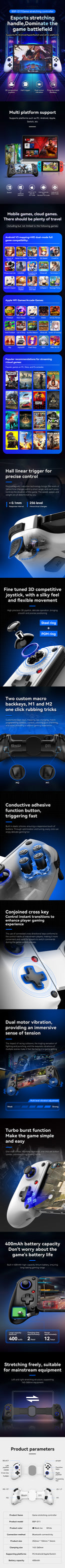 Controlador de juegos telescópico BSP D11 con luz RGB para teléfono móvil, con turbo, giroscopio de 6 ejes y vibración para Android, iOS, PS4, Switch y IP.