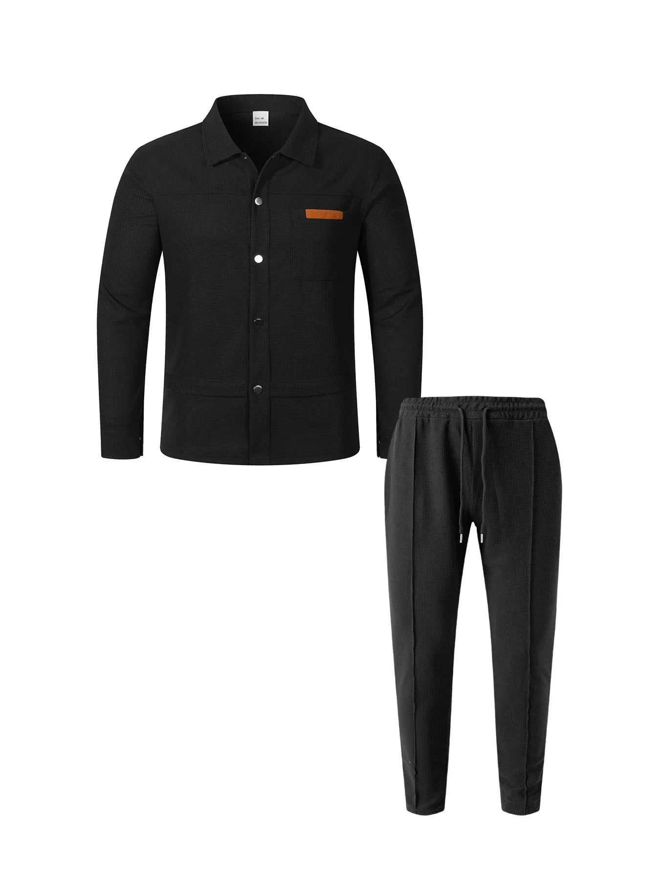 Men's Textured 2 Piece Outfits Lapel Collar Button Down Shirt Jacket & Drawstring Pants Set Casual Streetwear Tracksuit