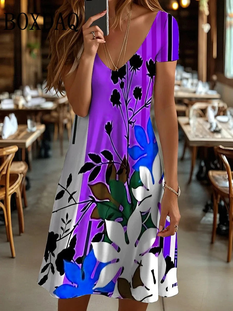 Casual Plant Flower 3D Print Dresses For Women 2025 Summer Retro Short Sleeve V-Neck Midi Dress Fashion Loose Plus Size Clothing