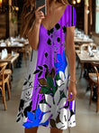 Casual Plant Flower 3D Print Dresses For Women 2025 Summer Retro Short Sleeve V-Neck Midi Dress Fashion Loose Plus Size Clothing