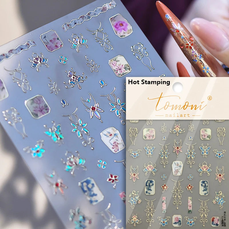 Flash Dreamy Chinese Flower Window Butterfly Glazed Rococo Geometric Frame Stamp Embossed Relief Nail Art Sticker Manicure Decal