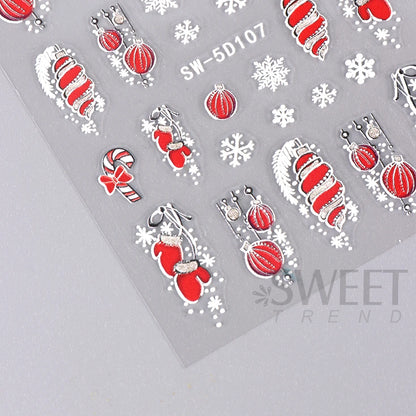 5D Red Christmas Nail Stickers Glitter Embossed Snowflake Gloves Feather Bulb Bells Winter Xmas DIY Engraved Manicure Decoration
