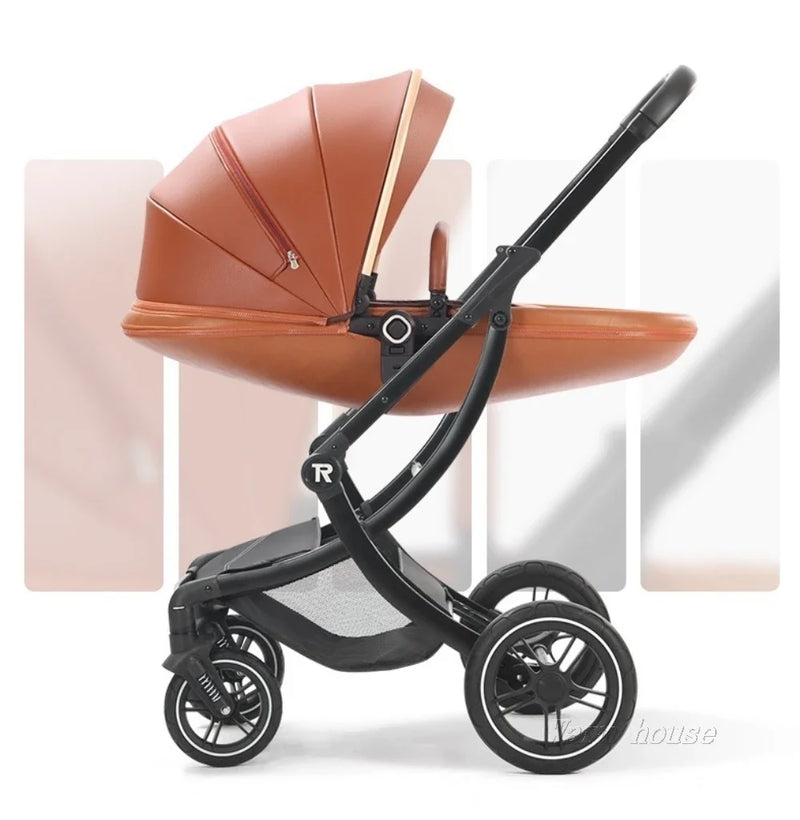 Baby Stroller 3in1,Luxury Baby Carriage with Car Seat,Eggshell Newborn Stroller Leather High Landscape PU leather