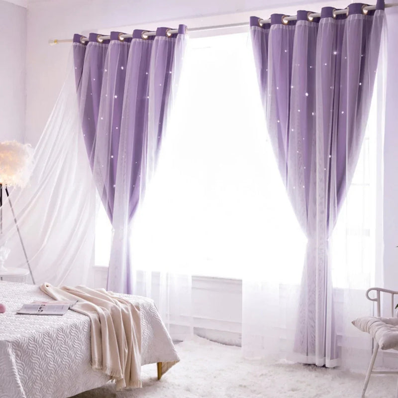Kids Girls Bedroom Pink Curtains Star Cutout Blackout with White Sheer Pastel Nursery Window Curtain Panels for Living Room Home