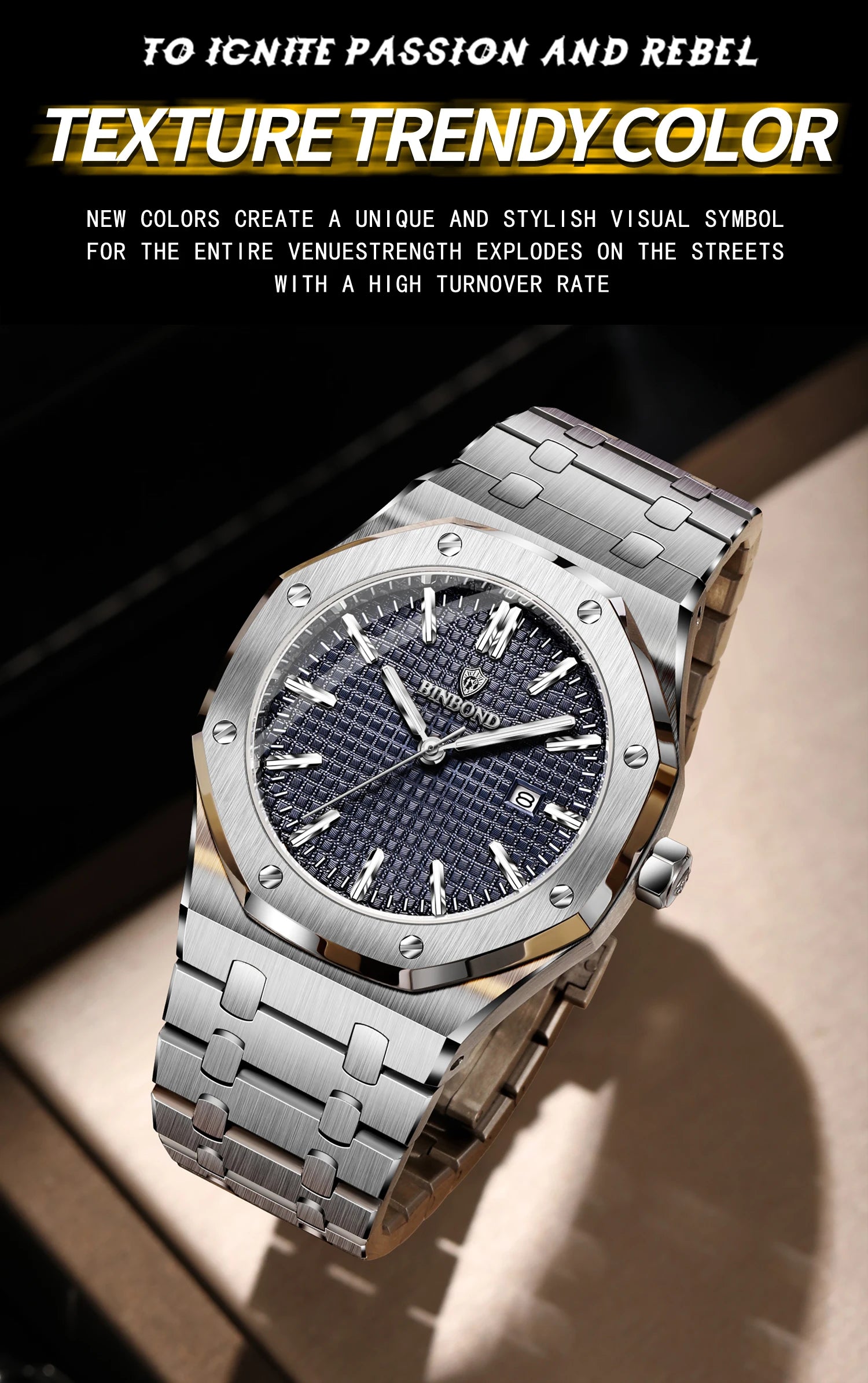 BINBOND Sturdy Stainless Steel Strap Quartz Wristwatches for Men Luxury Luminous Waterproof Auto Date Accurate Men's Watch Reloj