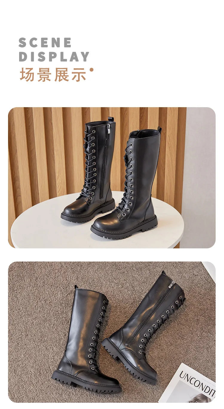 Girls Long Boots Children Knee-High Fashion Motorcycle Boots Rubber Soft Platform for Princess Kids High Boots Classic Winter