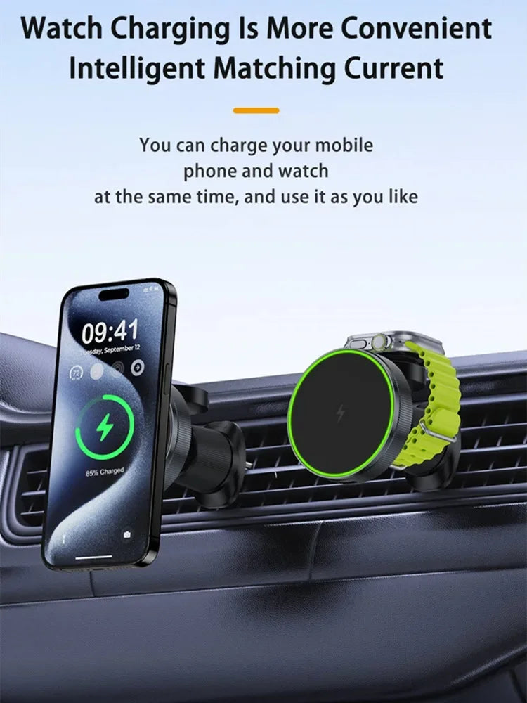 Novo carregador magnético sem fio para carro 2 em 1, para apple watch iwatch 8 7 6 iphone 15 14 13 12 pro max, suporte de carregamento rápido para carro