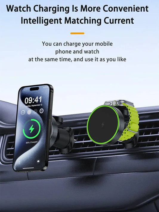 Novo carregador magnético sem fio para carro 2 em 1, para apple watch iwatch 8 7 6 iphone 15 14 13 12 pro max, suporte de carregamento rápido para carro