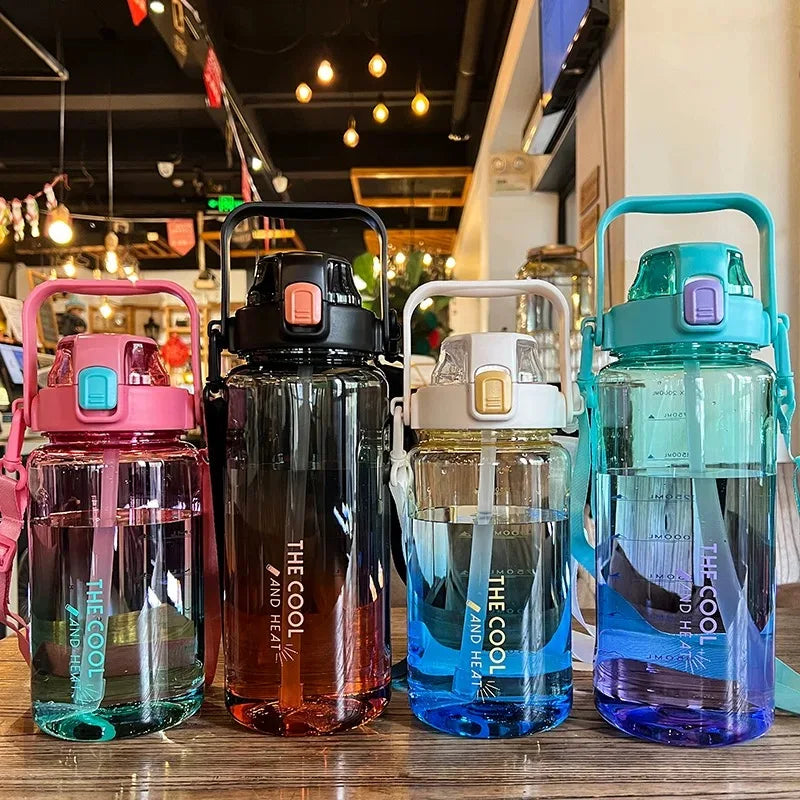 2000ml High Quality Sport Water Bottle With Straw Gym Fitness Outdoor Camping Cycling Hiking Drinking Plastic Bottles With Strap