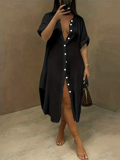 Vestido de talla grande para mujer, primavera y verano 2024, con botones de una sola fila, color liso, informal, suelto, largo, de poliéster.