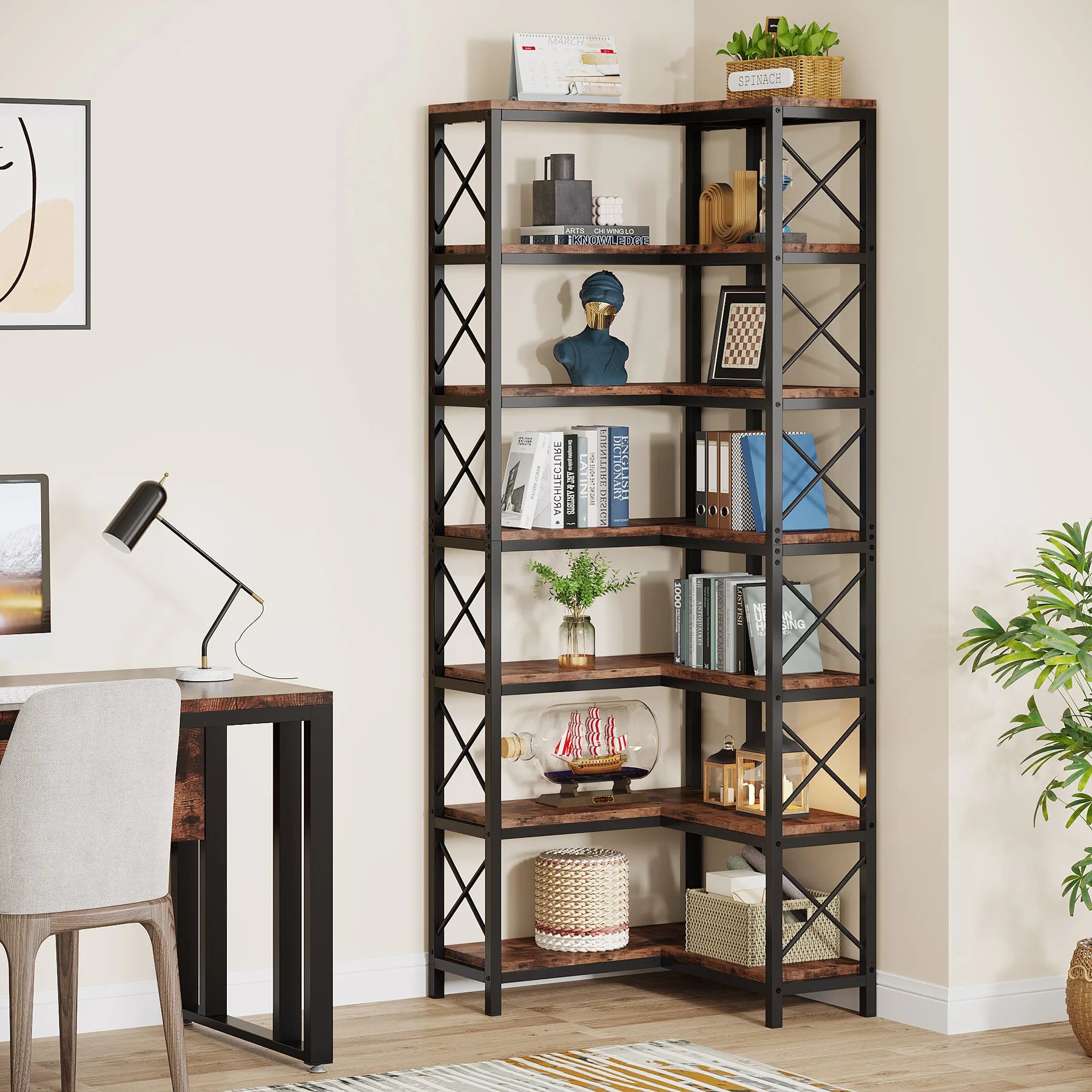 Tribesigns 7-Shelf Corner Bookshelf,Large Modern Corner Bookcase, 7-Tier Tall Corner Shelf Storage Display Rack with Metal Frame