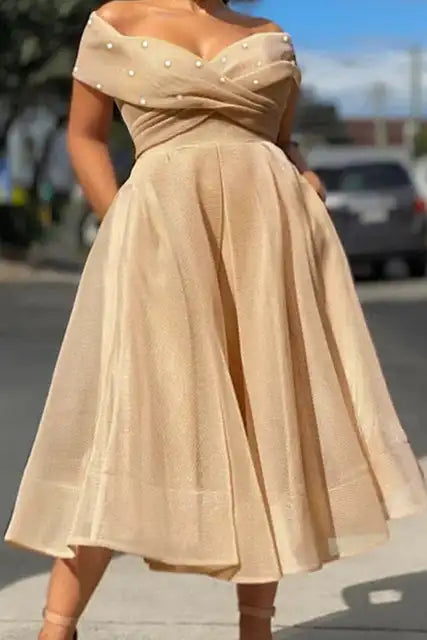 Vestido feminino plus size sólido fora do ombro pérolas decoração uma linha tule elegante festa midi vestidos
