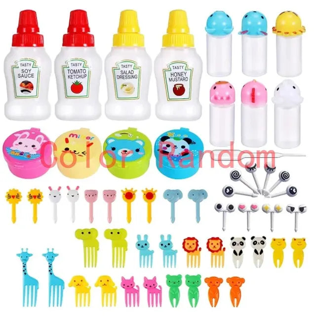 Accesorios para botellas de salsa para niños, cajas bento, incluye palas para comida y minibotellas de kétchup, ideal para la vuelta al cole (55 unidades)