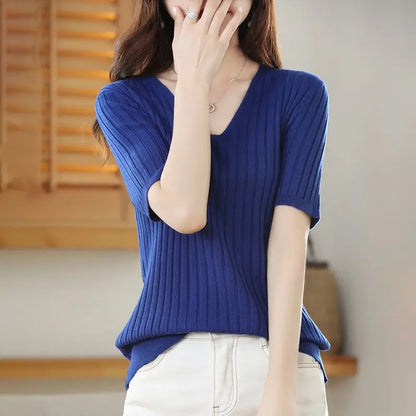 2023 New Spring Summer New Women's V-neck Short-Sleeved Exquisite Cashmere Knitted Sweater Pullover Solid Color
