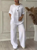 Cotton Linen Sets Two 2 Pieces Sale Casual Long Sleeve Button Loose Blouse Shirt & High Elastic Wide Leg Loose Pant Suits NMD-3021