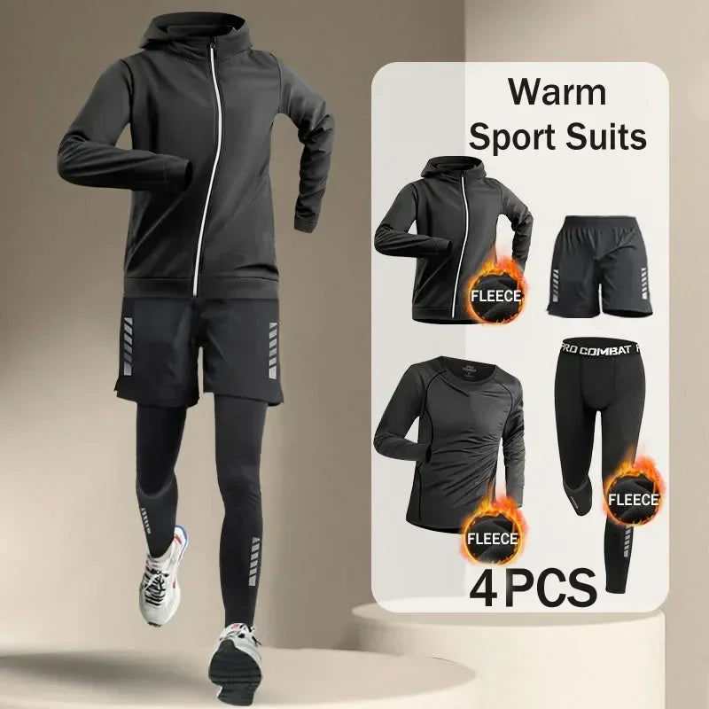 Conjuntos de running para hombre, de invierno, para exteriores, de 2 a 5 piezas, para fitness, trotar por la mañana, deportes, secado rápido, resistente al viento, ciclismo, entrenamiento, chándal