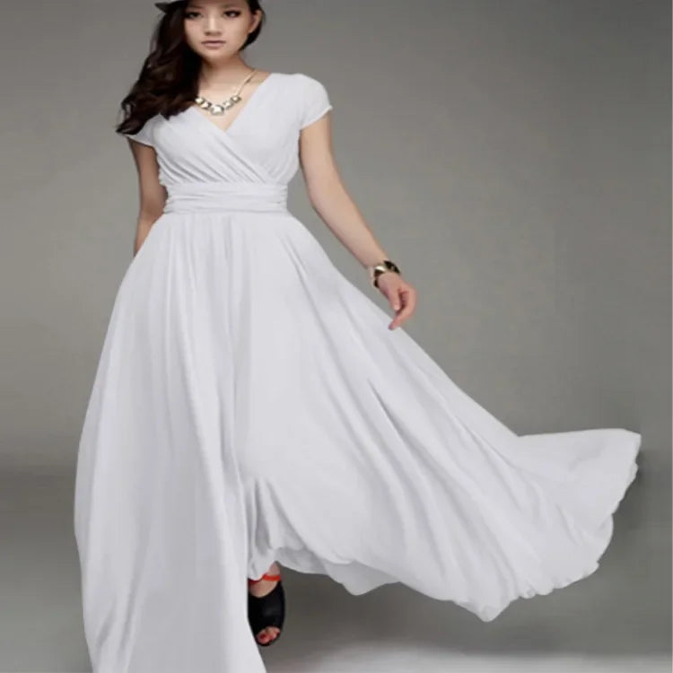 2026 Women's V Neck Short Sleeve Evening Party Dress Temperament Solid Colour Long Cocktail Chiffon High Waist Summer Dresses