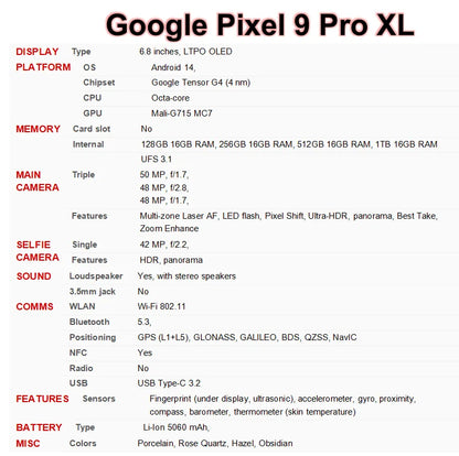 Original Google Pixel 9 Pro XL 16GB RAM128GB/256GB ROM Unlocked 5G Smartphone Applicable All Countries