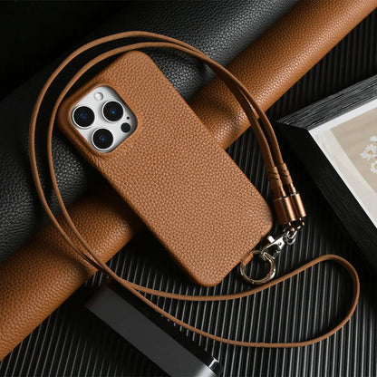 Funda de piel auténtica personalizable con cordón de carga para iPhone 16 Pro Max, 15, 14, 13, 12 y 11, con funda magnética.