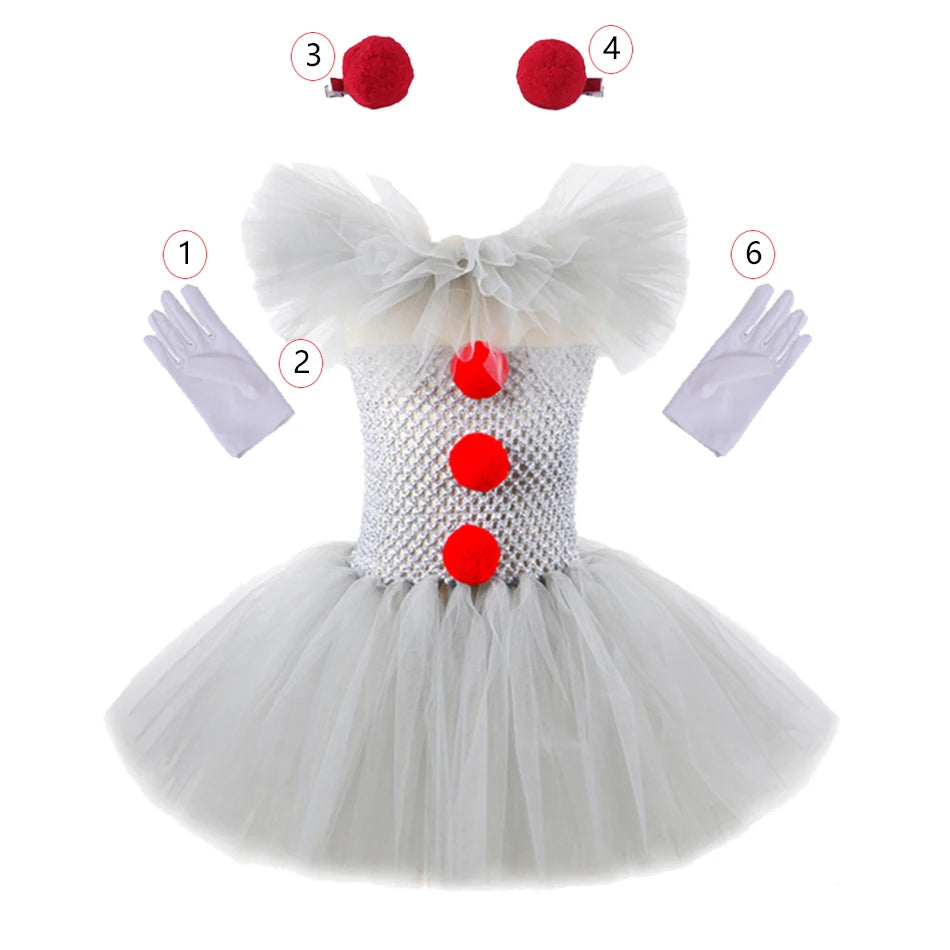 Halloween Costume For Kids Gray Girls Tutu Dress Kids Cosplay Scary Clown Costume Carnival Masquerade Party Dress Up 3-12Y