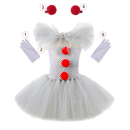 Halloween Costume For Kids Gray Girls Tutu Dress Kids Cosplay Scary Clown Costume Carnival Masquerade Party Dress Up 3-12Y