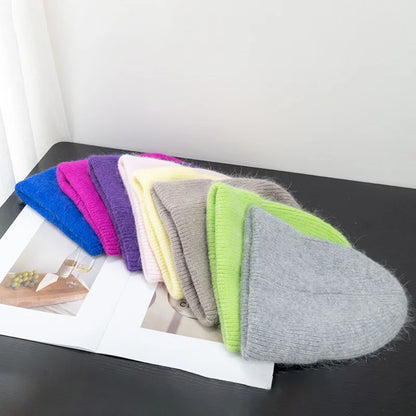 New Winter Korean Version Candy Color Rabbit Fur Fashion Simple Baotou Hat Women's Plush Thermal Knit Hat Cold Hat Pullover Hat