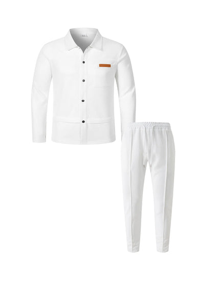 Men's Textured 2 Piece Outfits Lapel Collar Button Down Shirt Jacket & Drawstring Pants Set Casual Streetwear Tracksuit