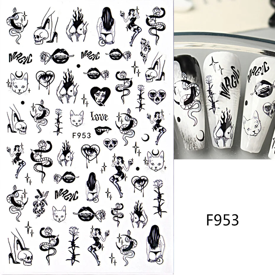 Cinturón negro 5D pegatinas en relieve gótico Halloween estilete calabaza calavera telaraña cremallera manicura uñas gel autoadhesivo decoración