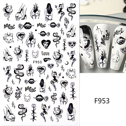Cinturón negro 5D pegatinas en relieve gótico Halloween estilete calabaza calavera telaraña cremallera manicura uñas gel autoadhesivo decoración