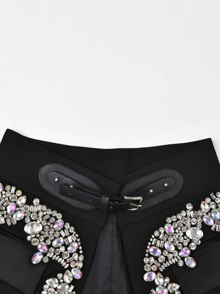 EAM - Minifalda negra con cinturón y pedrería irregular, cintura alta, para mujer, tendencia de moda, primavera otoño 2025, JY75801