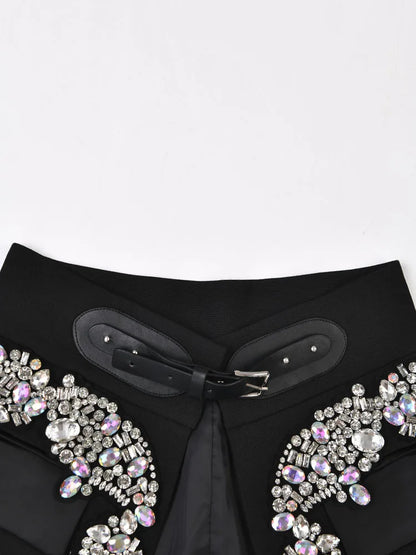 EAM - Minifalda negra con cinturón y pedrería irregular, cintura alta, para mujer, tendencia de moda, primavera otoño 2025, JY75801