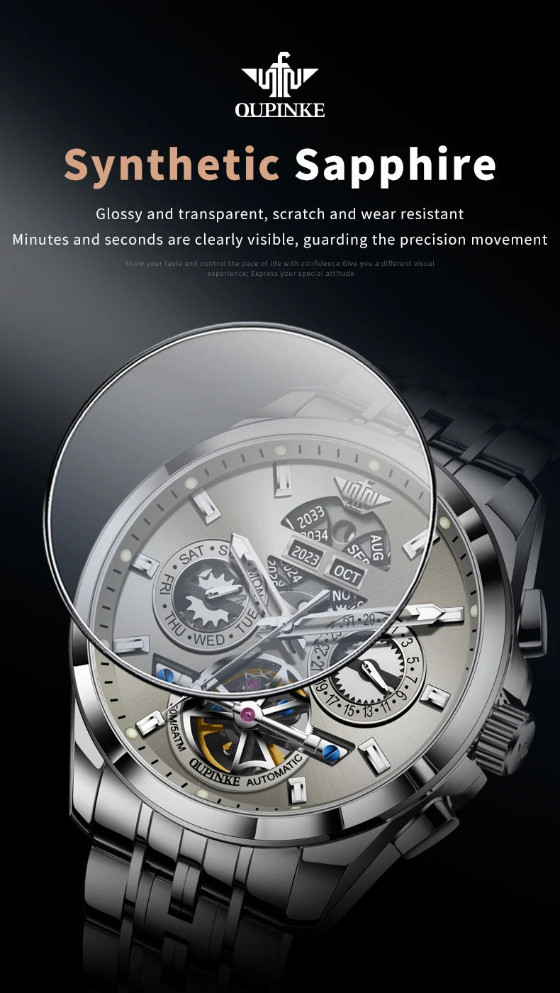 OUPINKE 3251 Skeleton Flywheel Automatic Watch for Men Stainless Steel Waterproof Wristwatch Luxury Sapphire Mirror Men's Watch