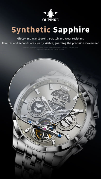 OUPINKE 3251 Skeleton Flywheel Automatic Watch for Men Stainless Steel Waterproof Wristwatch Luxury Sapphire Mirror Men's Watch