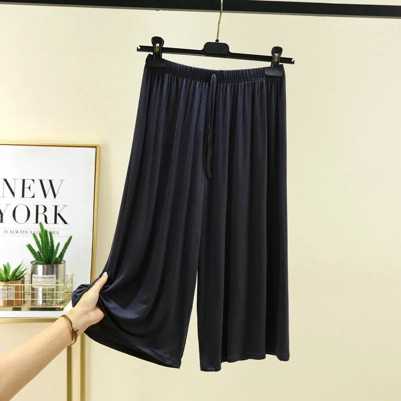 Plus size L to 6XL U-Neck Women's  Modal pant calf-length summer wide leg pants drawstring short pants casual homewear pants