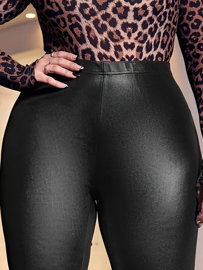 Pantalones de cuero elásticos de nueve puntos para mujer, de talla grande, de piel sintética mate, negros, de talla grande
