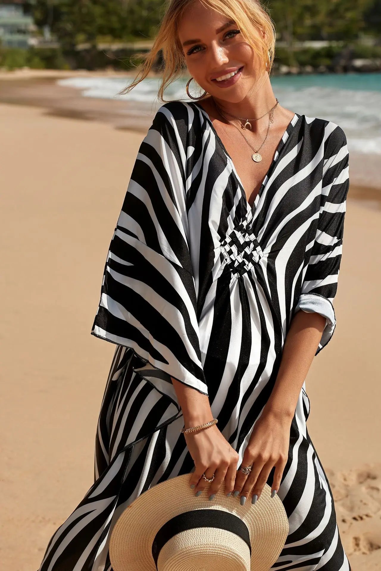 Vestidos caftán de talla grande para mujer, vestido caftán con cuello ondulado, vestido playero largo extragrande. 