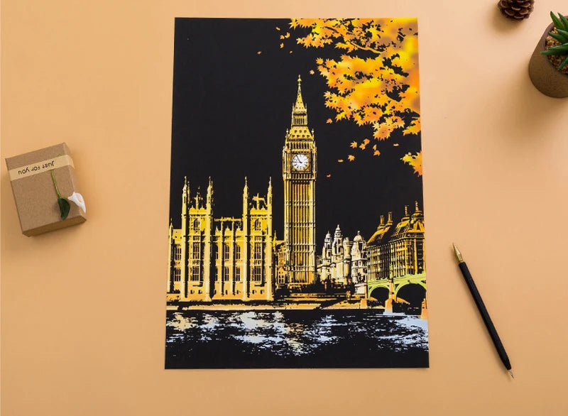 2 Sheets Scratch Paper Art Kit DIY Craft World Landmarks Animals City Scene Stylus Drawing Toy Adult Stress Relief Creative Gift
