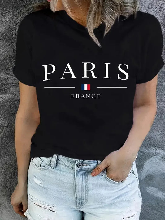 Camiseta informal de manga corta con cuello redondo y estampado PARIS de talla grande para verano y primavera. Ropa para mujer.
