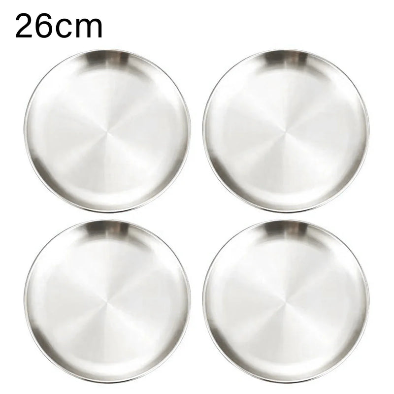4Pcs Stainless Steel Round Plate Bone Spitting Dish Shallow Tray Metal Camping Plate Dining Disc BBQ Picnic Dishes Cookware