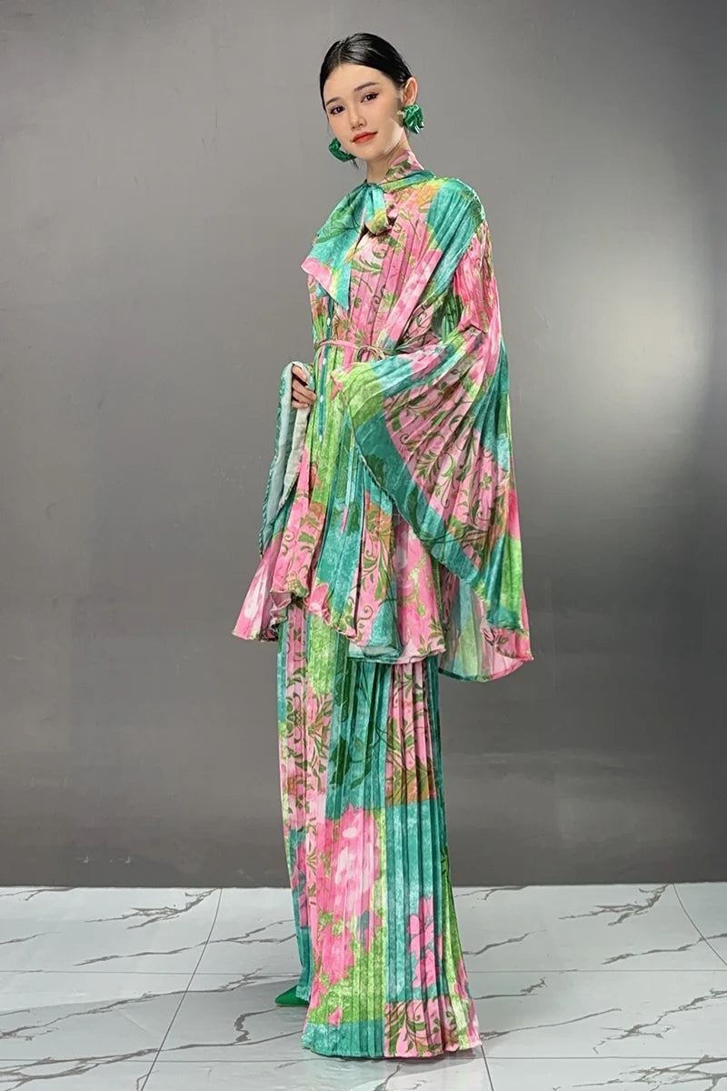 Two Pieces Chinese Style Wide Leg Pants Set Female Full Sleeve Blouse+Matching Trousers Suit Elegant Casual Matching Kit