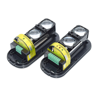 Detector de infrarrojos antilluvia de dos haces con alarma y sensor, distancia de detección de 150 m para seguridad en exteriores.