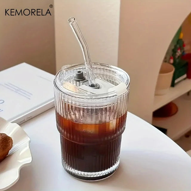 Copo De Vidro Transparente Com Tampa E Palha, Caneca De Café De Gelo, Xícara De Chá, Suco, Leite, Copos De Água, 450ml, 1 Pc, 2Pcs