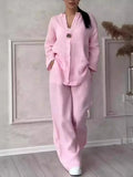 Cotton Linen Sets Two 2 Pieces Sale Casual Long Sleeve Button Loose Blouse Shirt & High Elastic Wide Leg Loose Pant Suits NMD-3021