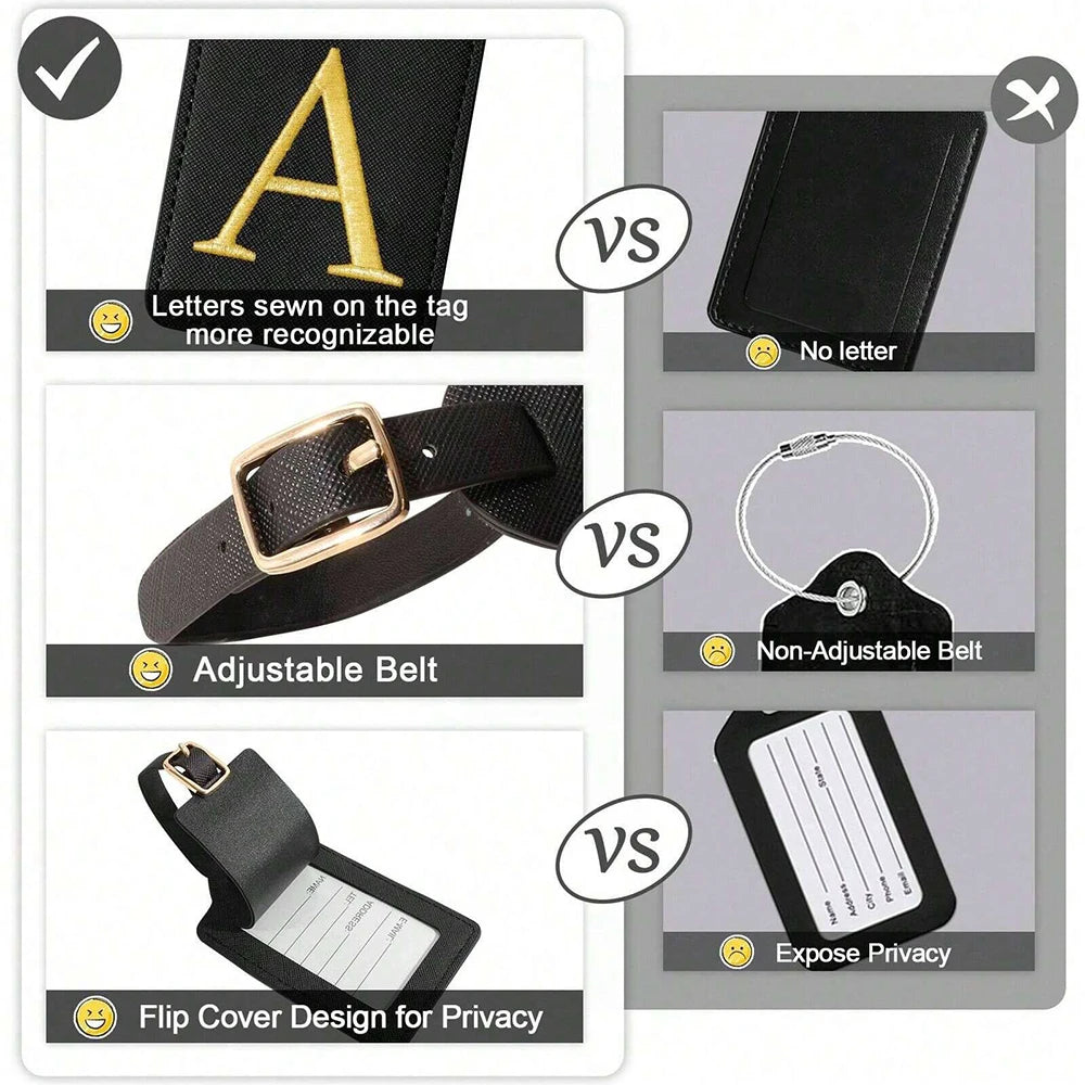 PU Leather Luggage Tag for Travel - Durable Suitcase ID Tag with Privacy Cover & Name Card Slot (A-Z) liu