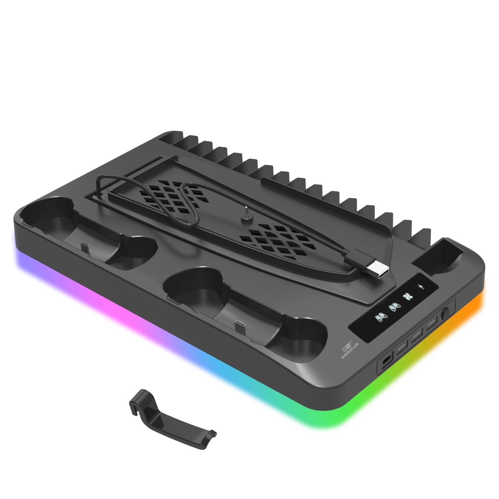 GAMINJA Host Heat Dissipation Base For PS5 With 7 Color Light Effect Headphone Hook Game Disc Storage Rack Handle Charging Stand
