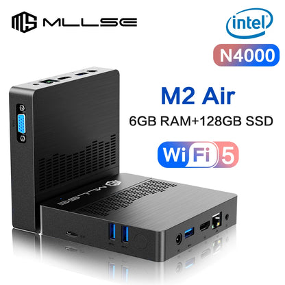 MLLSE Mini PC M2 Air Intel Gemini Lake N4000 Windows 11 6GB RAM 128GB ROM Dual-Band WiFi Bluetooth USB Mini Computer