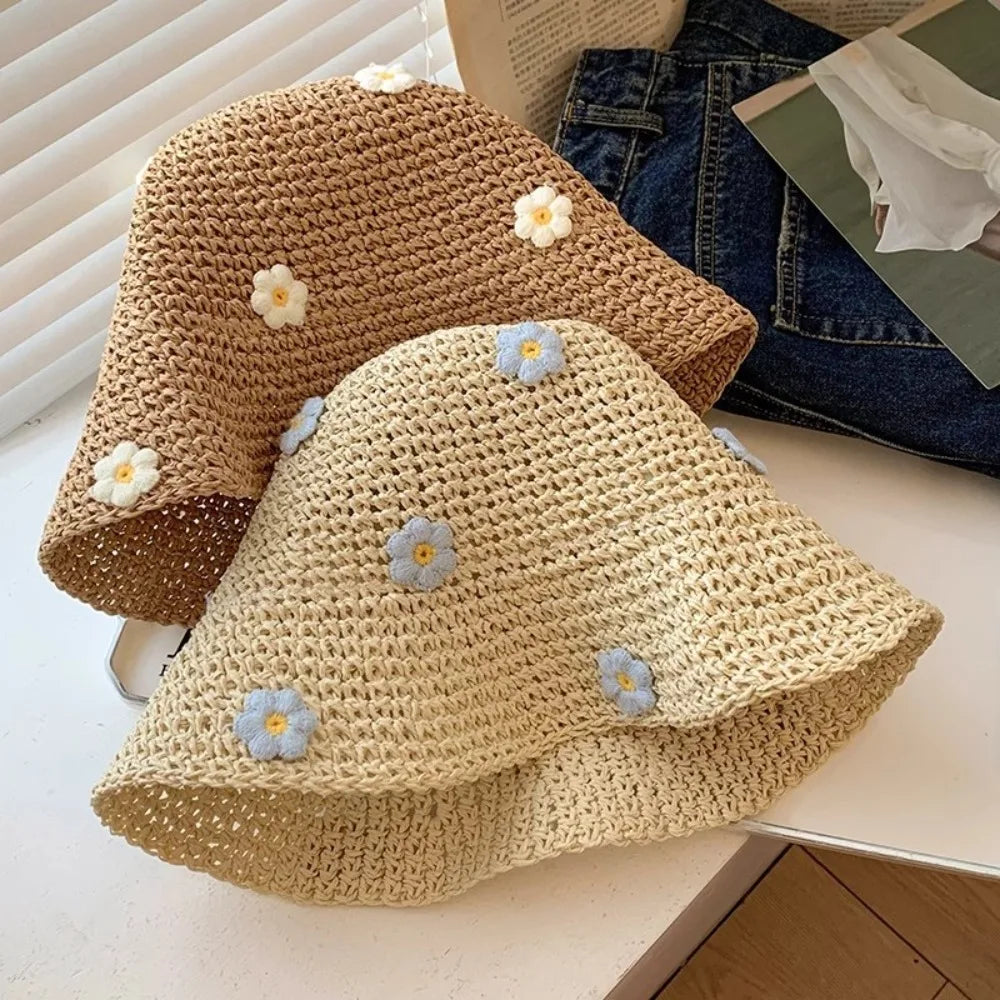 Lovely Foldable Straw Hat Sun Protection UV Protection Panama Cap Little Flowers Breathable Fisherman Cap Summer Bucket Hat